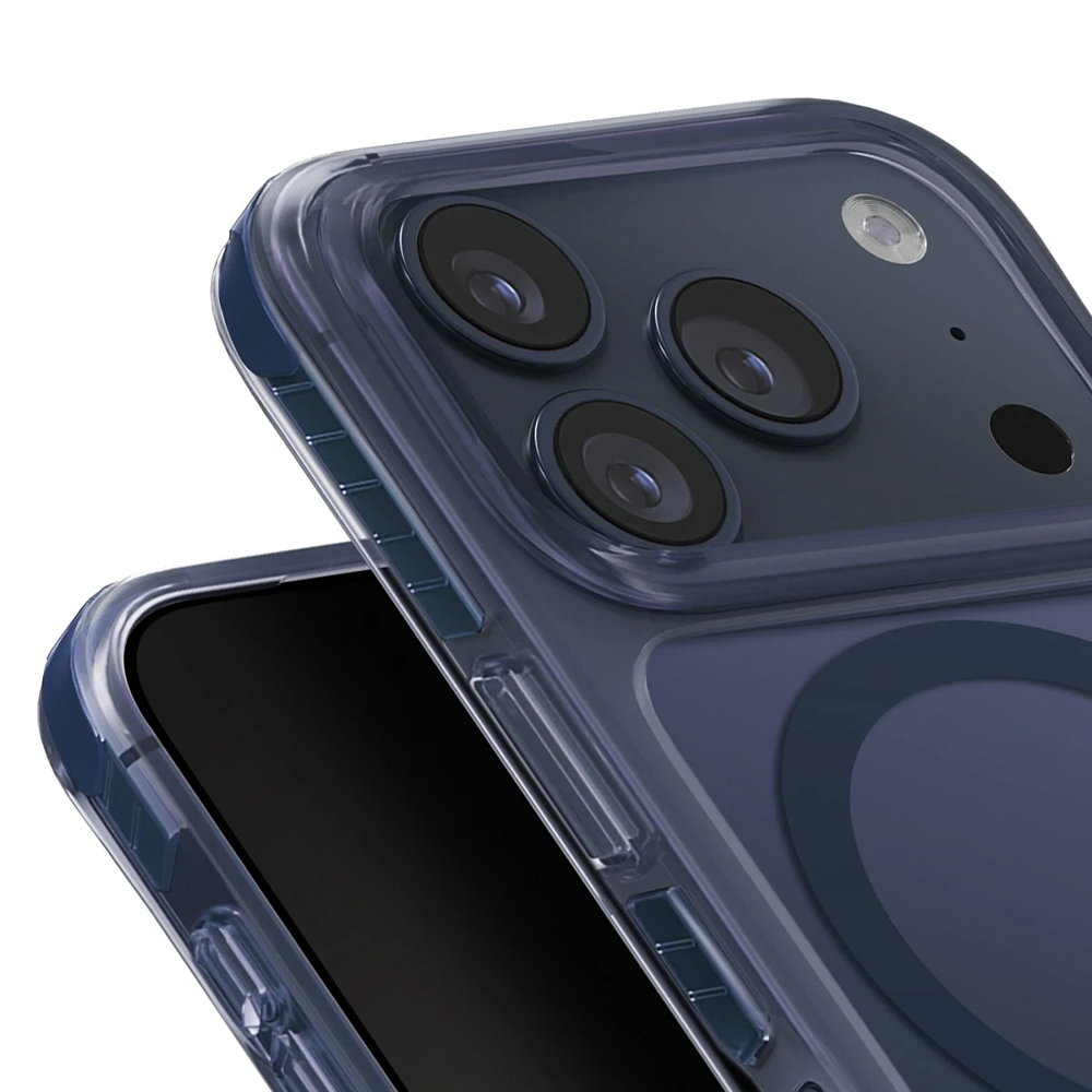 Koyu mavi telefon kılıfı, üçlü kamera ve manyetik halka, beyaz arka plan üzerinde.