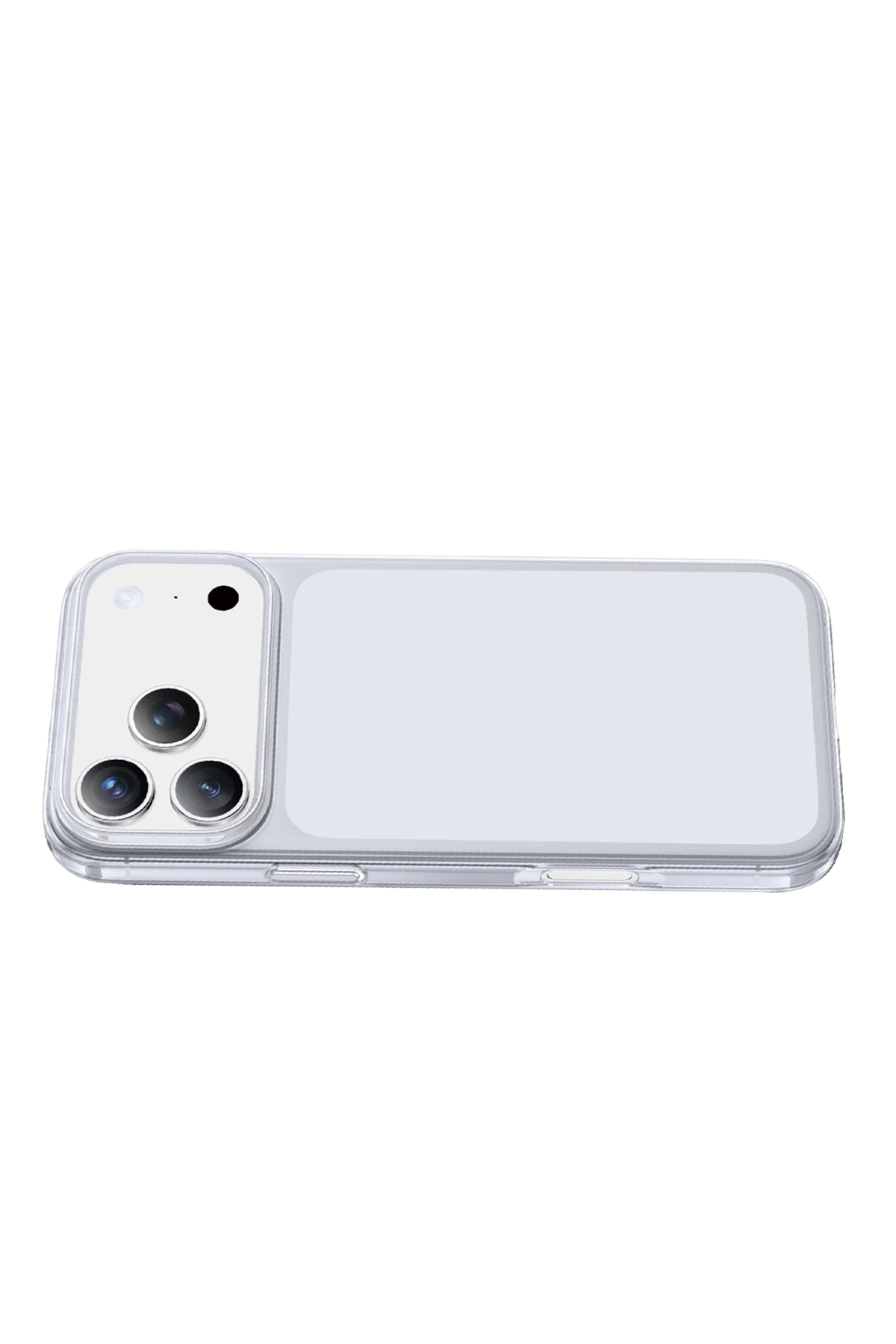 Siyah arka plan üzerinde üç kameralı şeffaf telefon kılıfı.