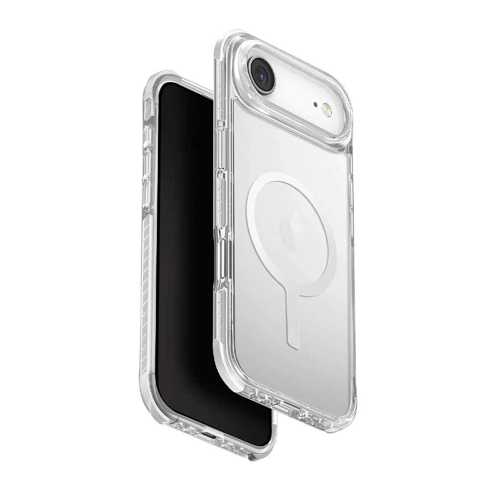 MagSafe halkalı şeffaf telefon kılıfı, içinde siyah telefon görünüyor.