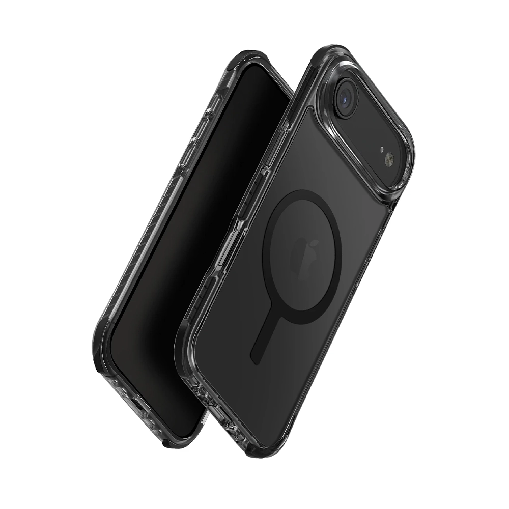 Siyah bir telefonda siyah manyetik halka ve Apple logosu bulunan şeffaf telefon kılıfı.