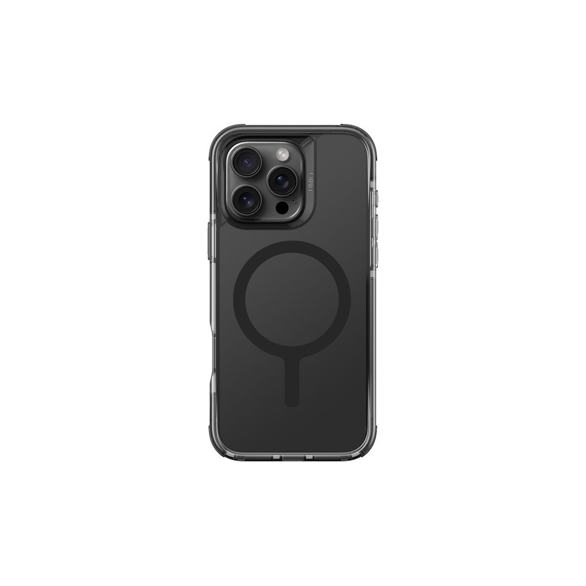 Üç kameralı ve manyetik halkalı siyah telefon kılıfı.