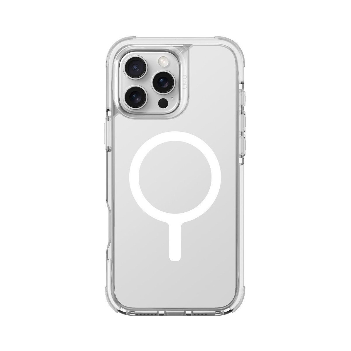 Kamera kesimli ve MagSafe halkalı şeffaf iPhone kılıfı.