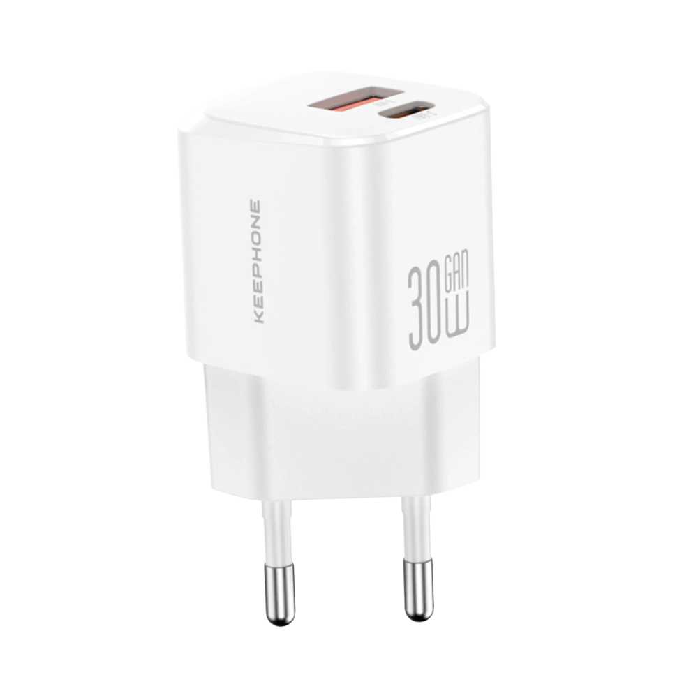 İki USB bağlantı noktalı ve AB fişli beyaz 30W GaN şarj cihazı.