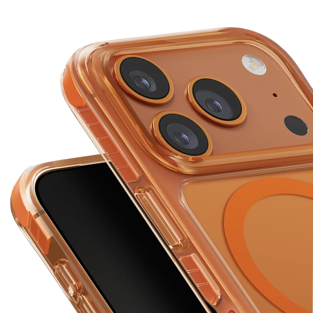 Turuncu yarı saydam telefon kılıfı, üç kamera lensi ve flaş.