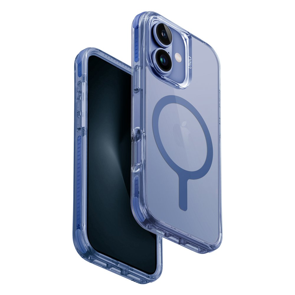 Beyaz arka plan üzerinde manyetik halkalı şeffaf mavi telefon kılıfı.