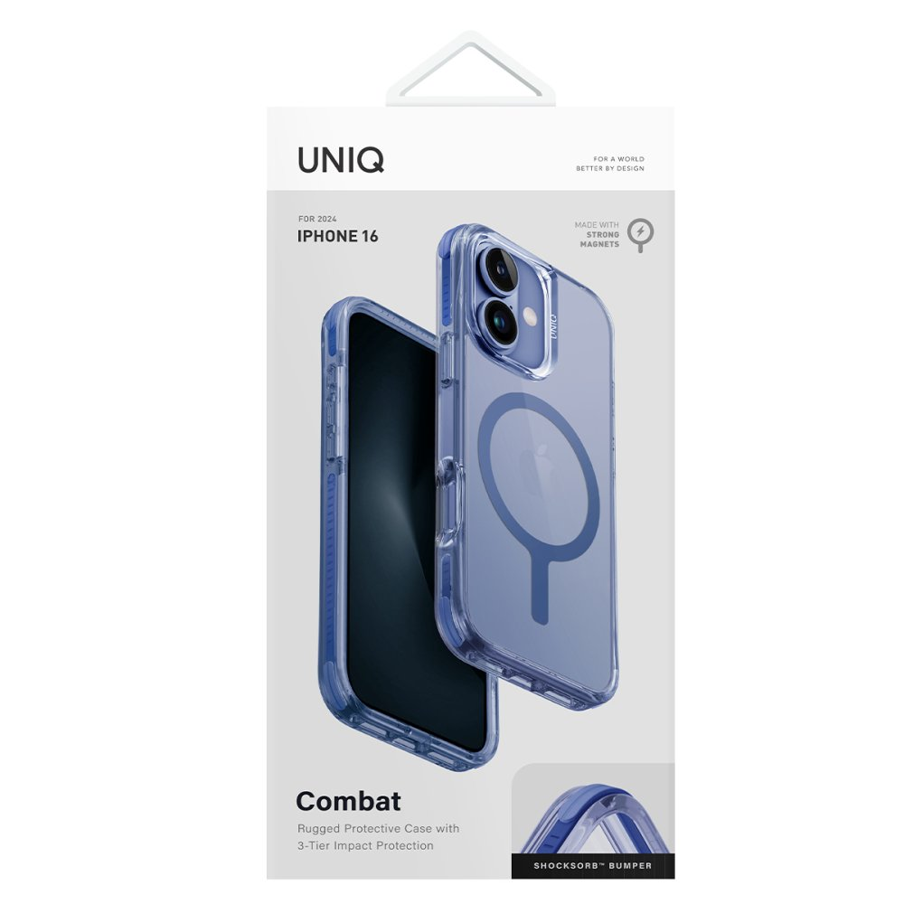 Manyetik halkalı şeffaf mavi UNIQ iPhone 16 kılıfı.