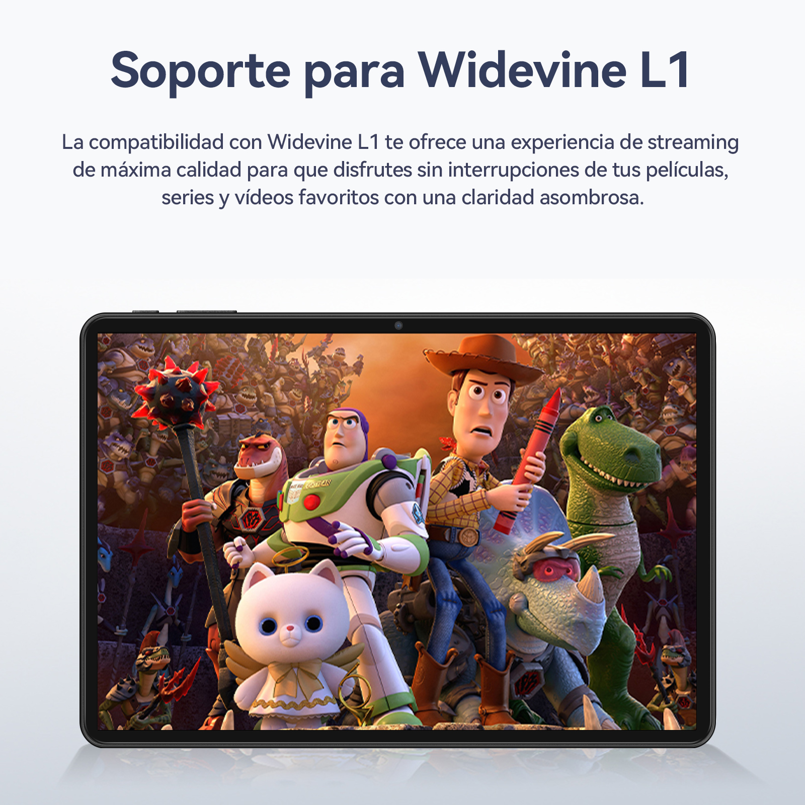 Personaggi di Toy Story su schermo tablet, inclusi Buzz, Woody, Rex e un gattino.