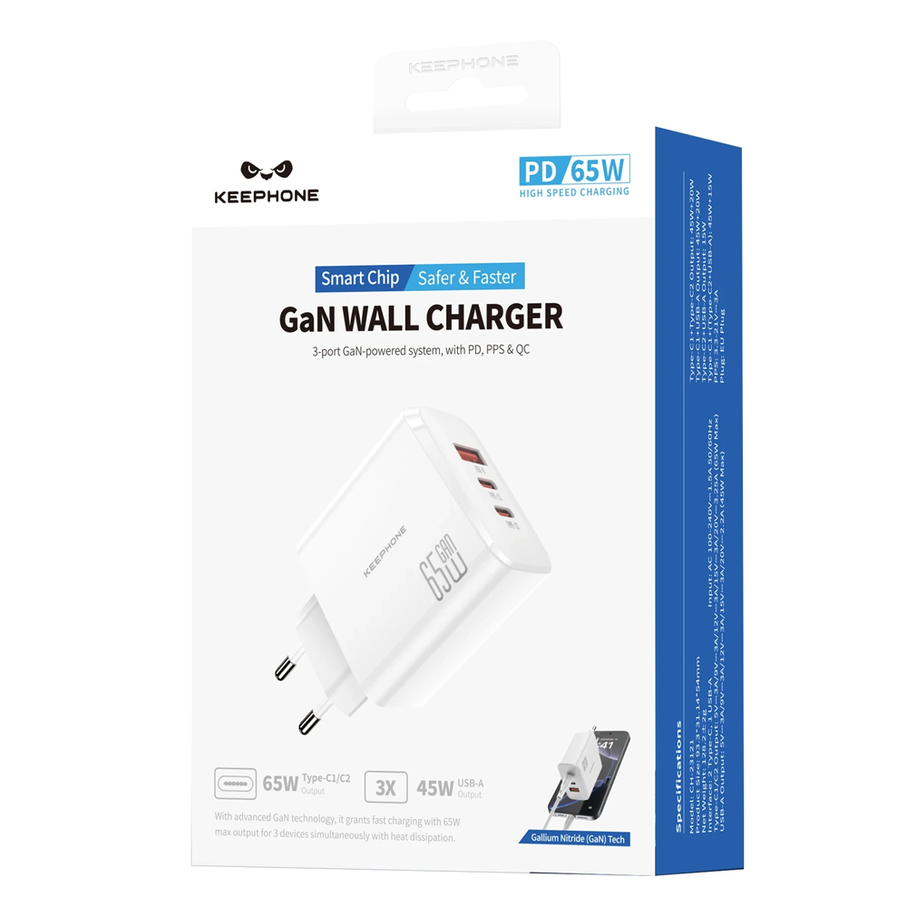 Beyaz KeePhone GaN Duvar Şarj Cihazı, 3 port, 65W, PD, PPS, QC