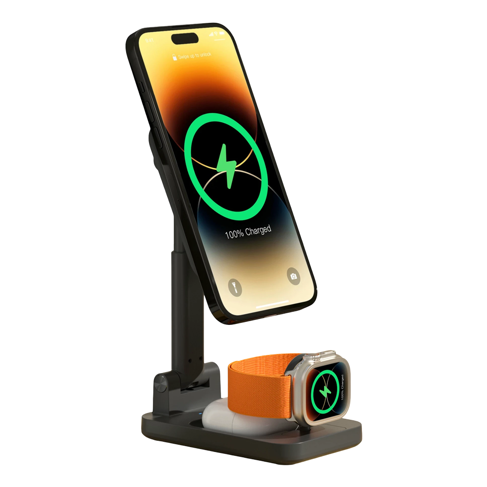 Telefon ve saat tutan siyah şarj standı.