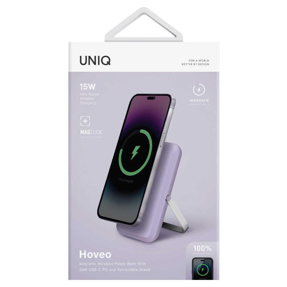UNIQ MagClick power bank: iPhone bir stant üzerinde kablosuz şarj oluyor.