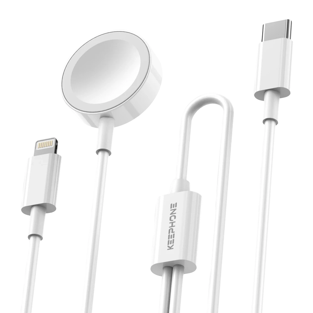 Lightning, USB-C konnektörlü ve manyetik şarj adaptörlü beyaz şarj kabloları.