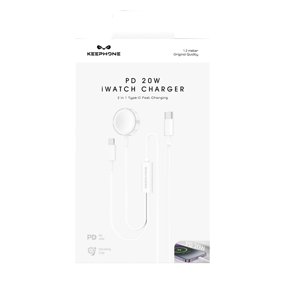 KEEPONE 20W iWatch şarj cihazı, USB-C ve Lightning konektörlü.
