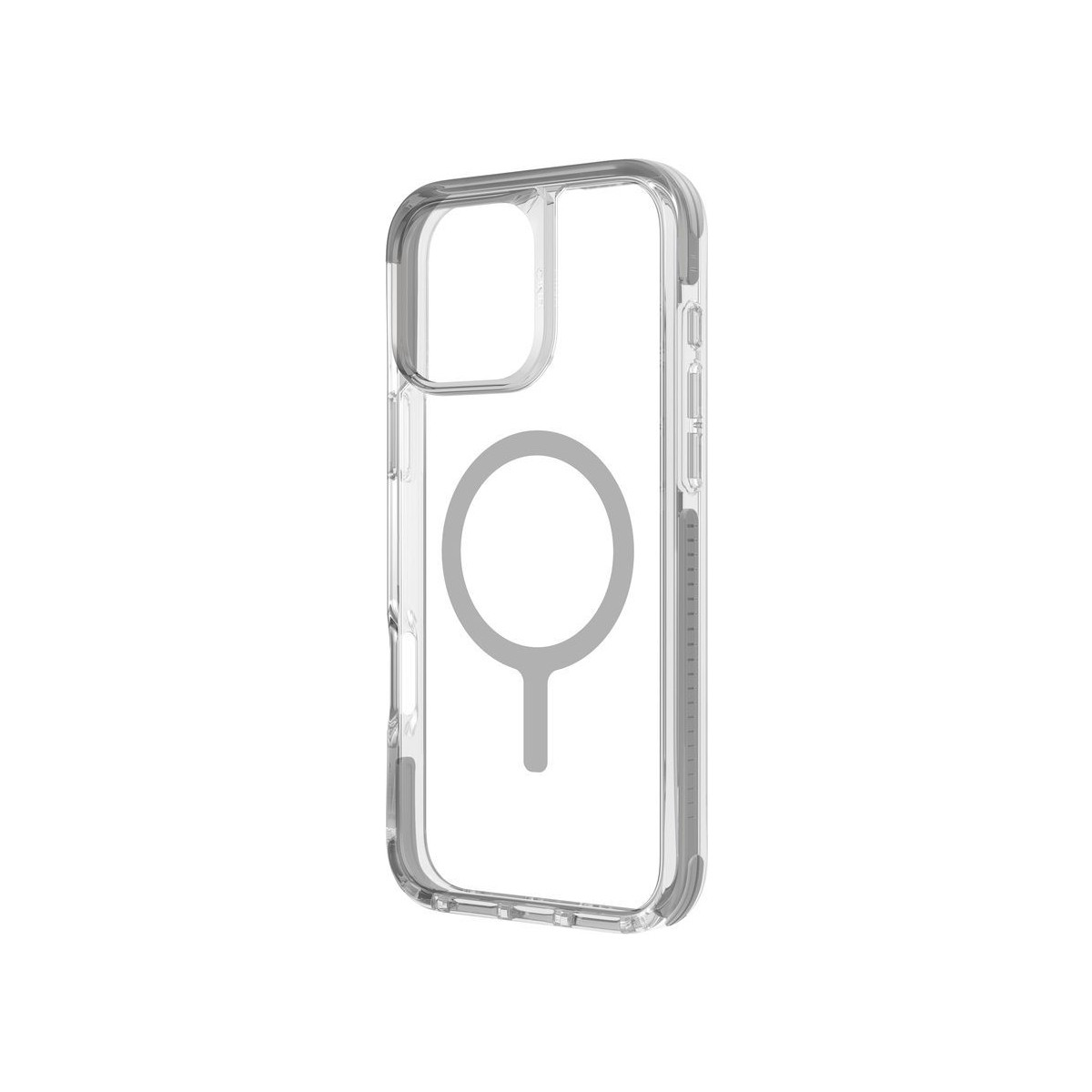 MagSafe halkalı şeffaf iPhone kılıfı, kamera kesimi mevcut.