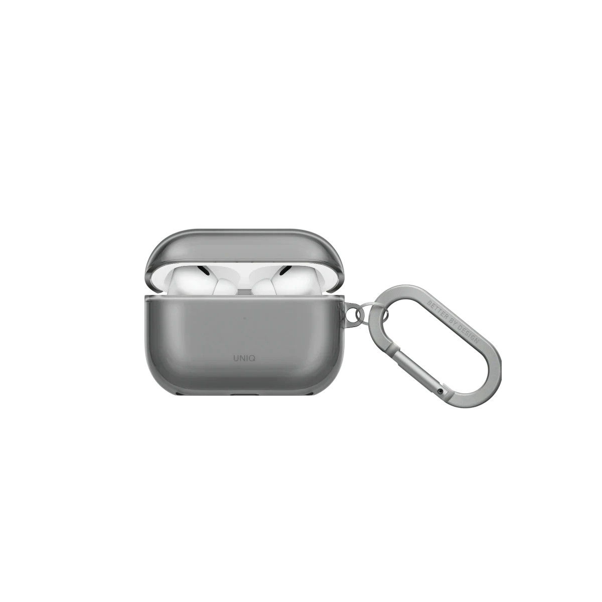 Karabinalı gri şeffaf AirPods kılıfı.