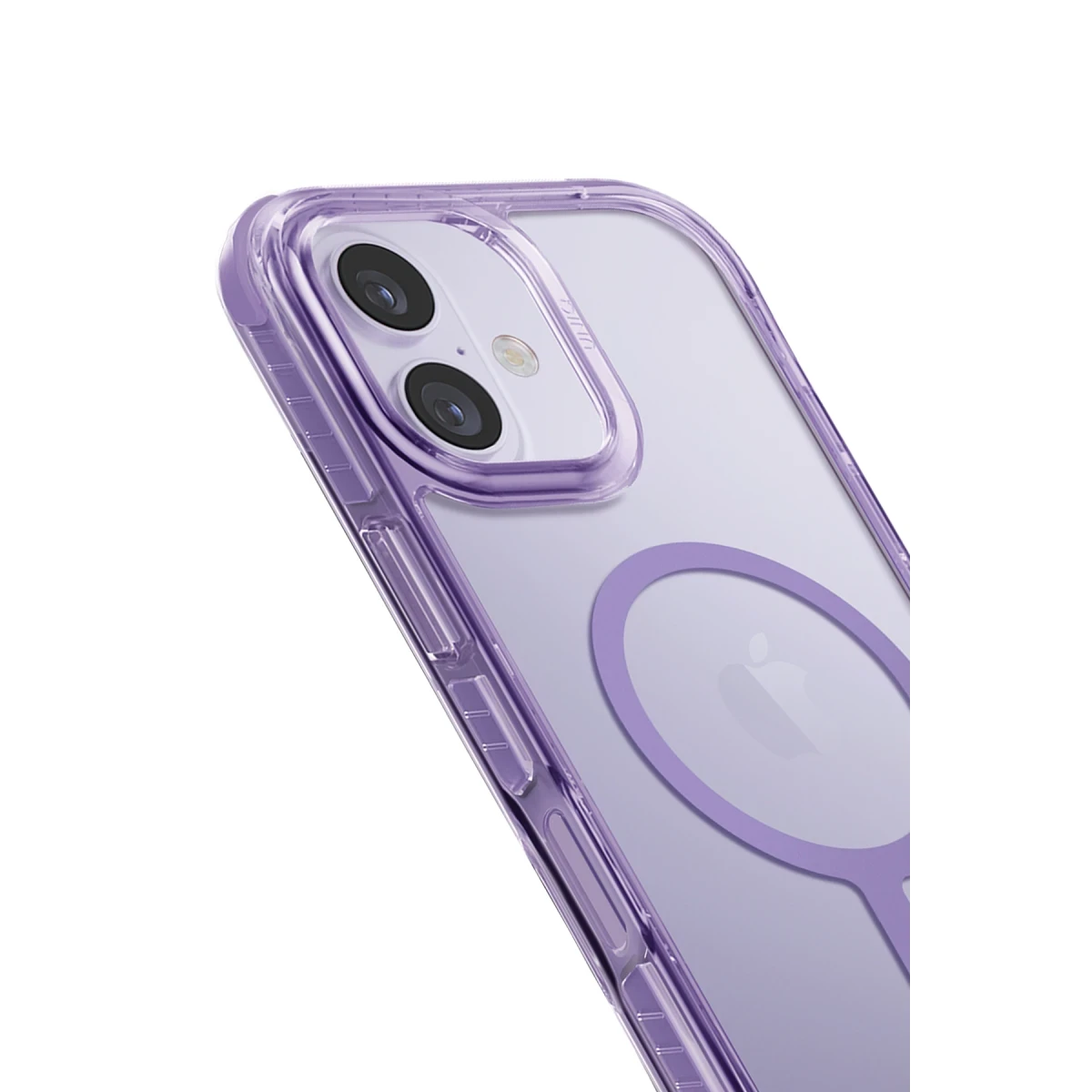 Görünür Apple logosu ve iki kameraya sahip mor iPhone kılıfı.