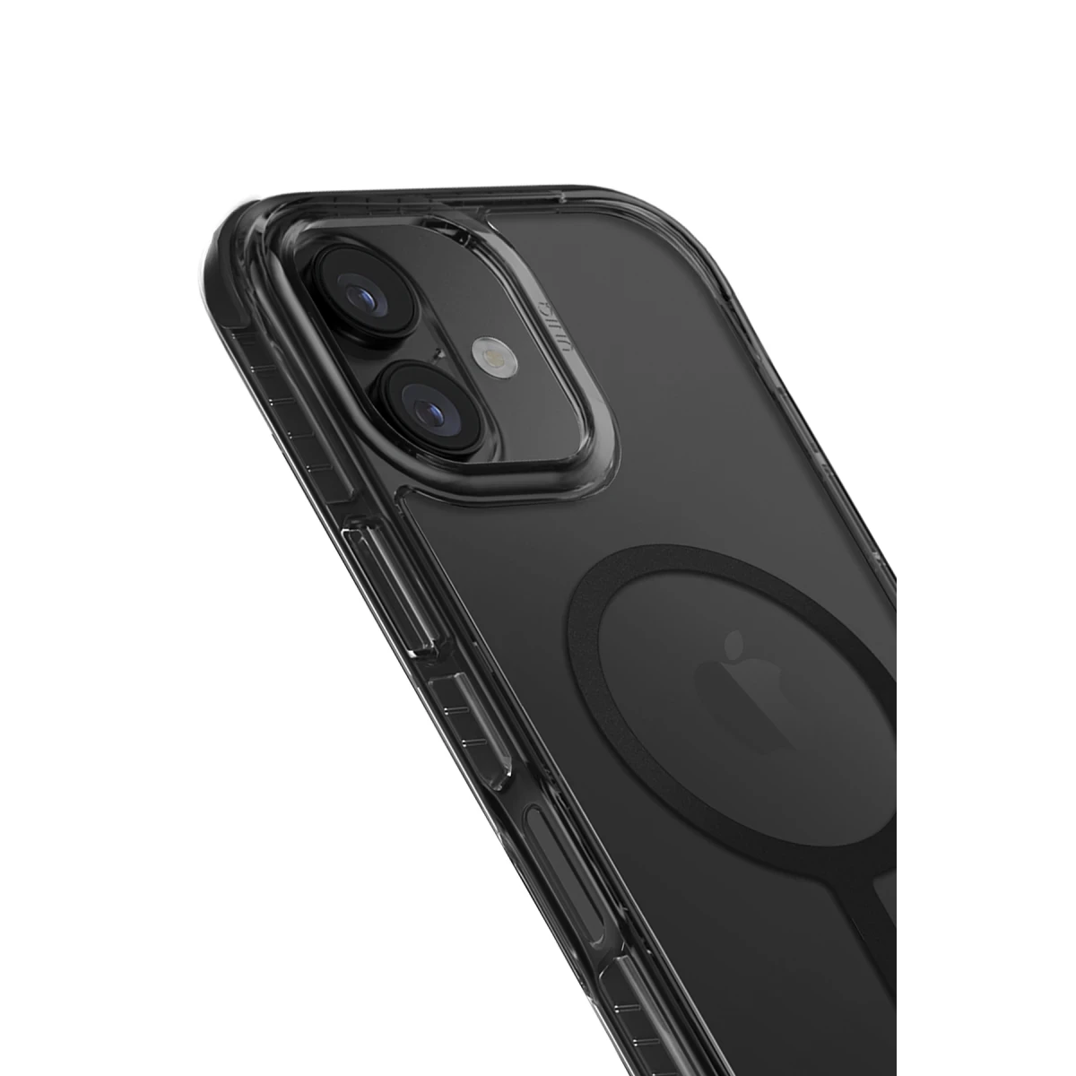 İki kameralı ve Apple logosu görünen şeffaf telefon kılıfı.
