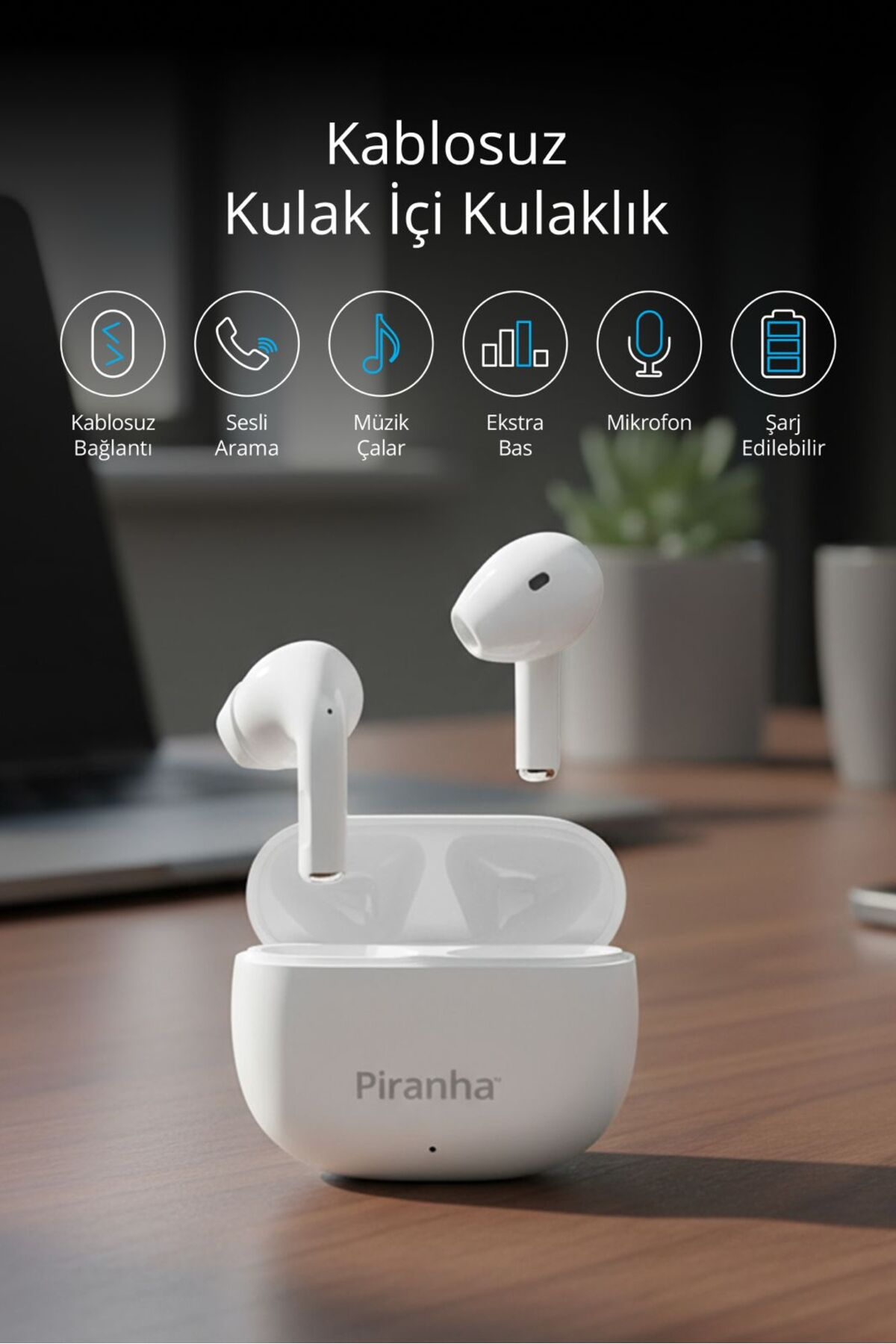 PIRANHA 9970 | Mikrofonlu | Şarjlı | Android & iOS Kablosuz TWS Bluetooth Kulak İçi Kulaklık Beyaz