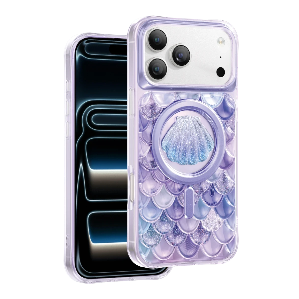 Bir telefonda parlak deniz kabuğu desenli mor telefon kılıfı.