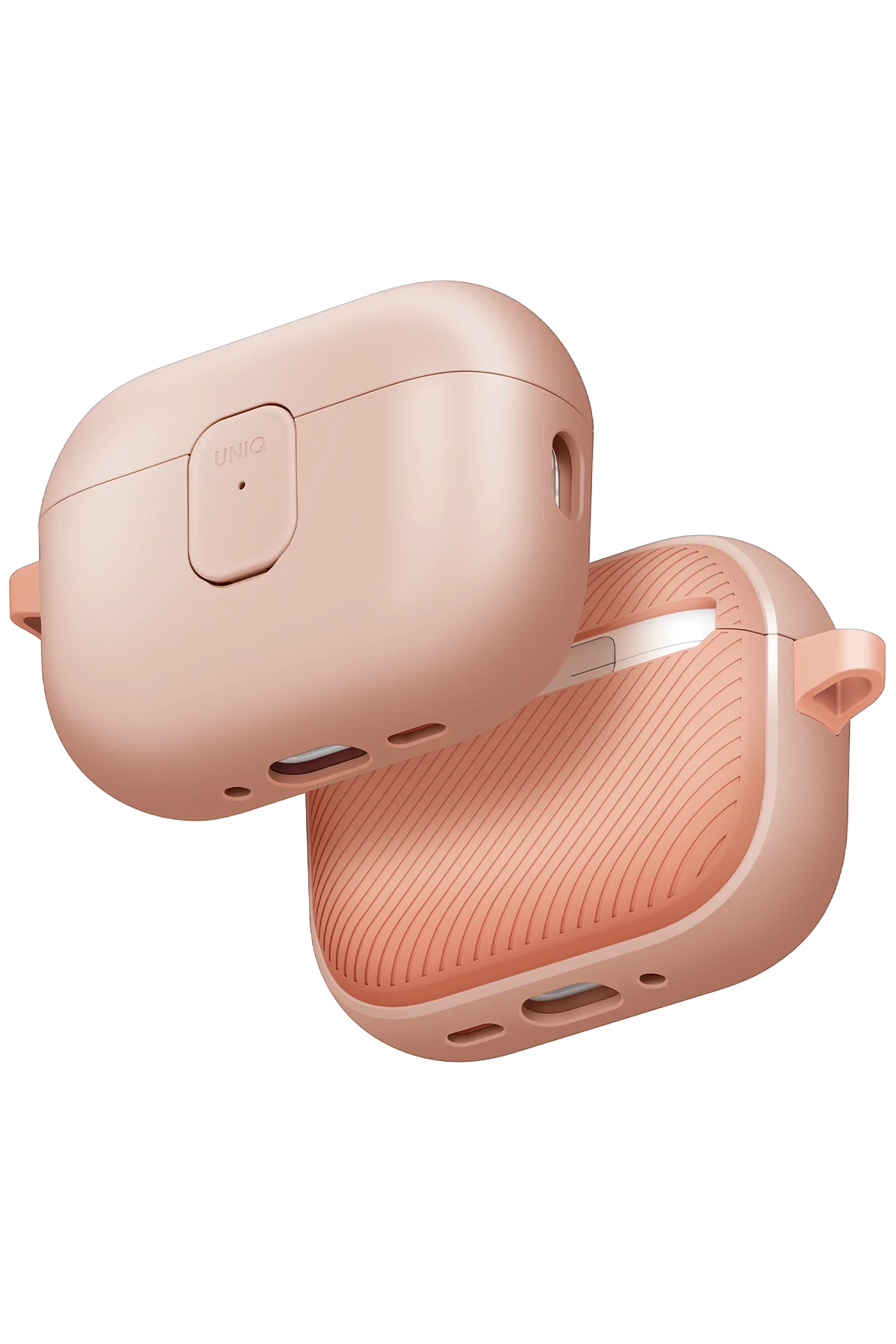 Üst üste duran iki pembe AirPods kılıfı, biri nervürlü dokuya sahip.