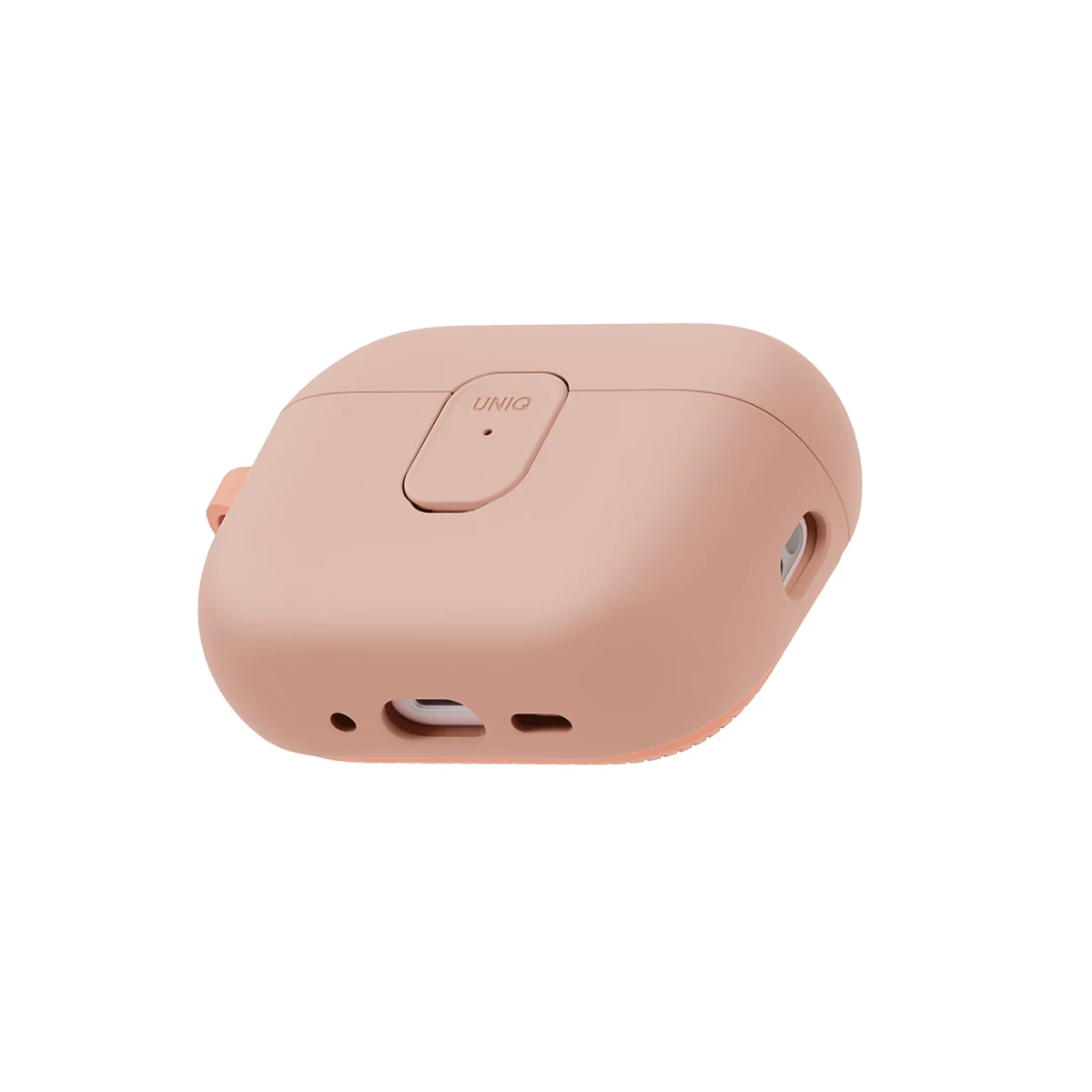 UNIQ logolu tozlu gül rengi AirPod kılıf standı.