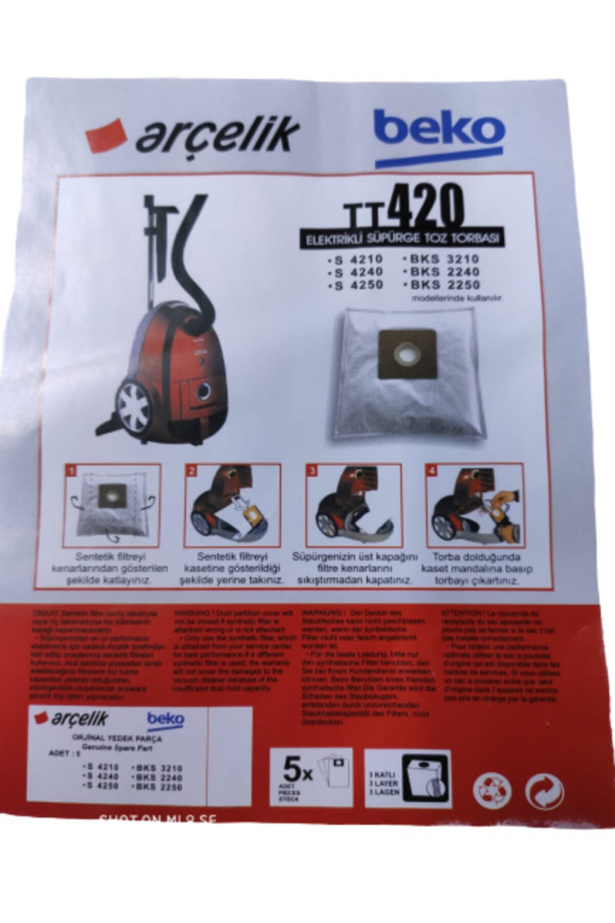 TT420 elektrikli süpürge torbası paketi, montaj için dört adımı gösteriyor.