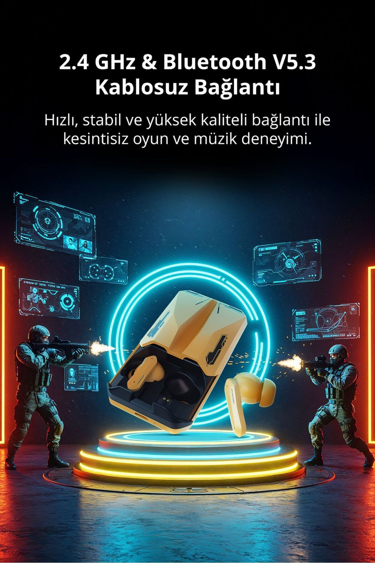 Şarj kutulu sarı kulaklıklar, ateş eden askerler, bilimkurgu arka plan.