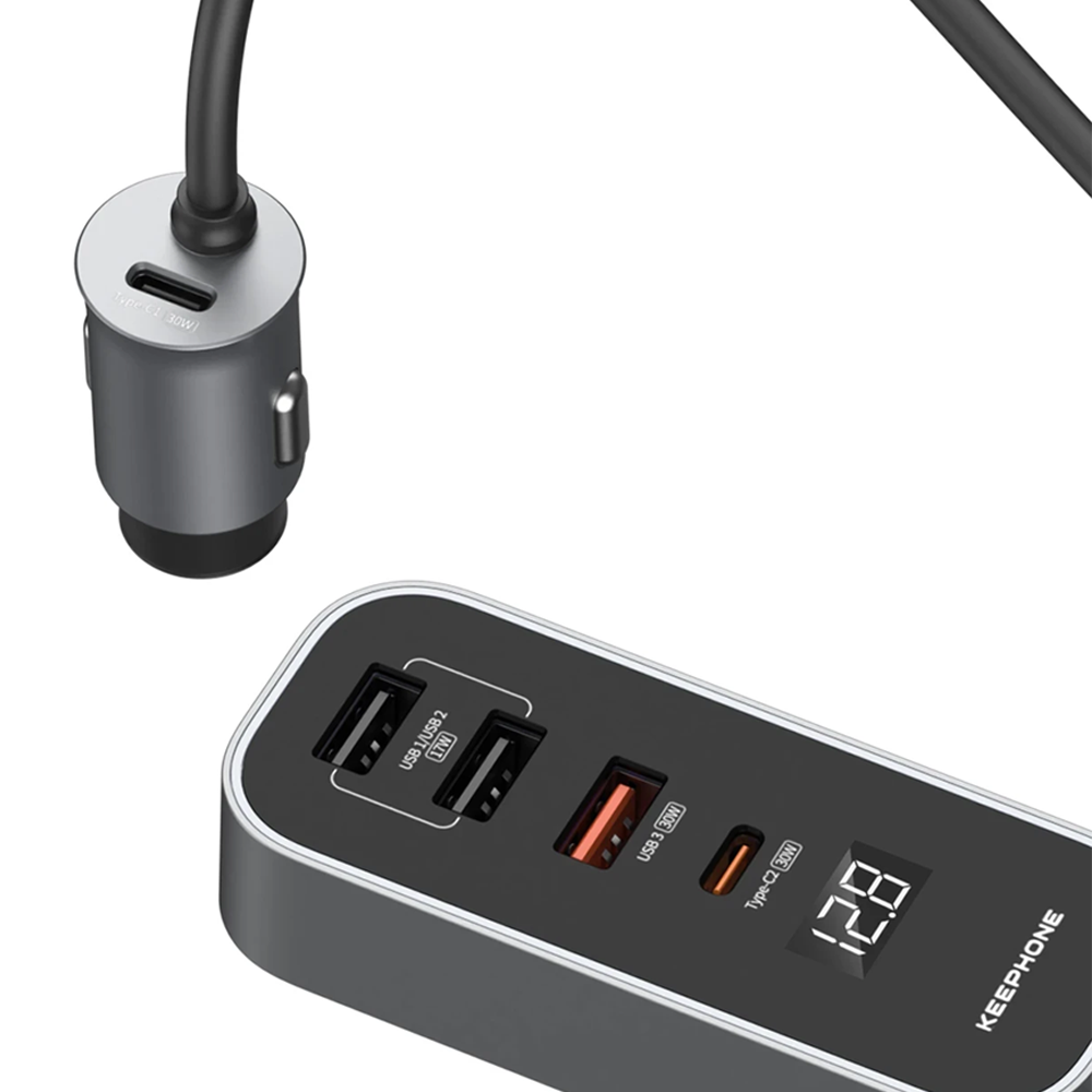 12.8 gösteren dijital ekranlı, çoklu USB bağlantı noktasına sahip araç şarj cihazı.