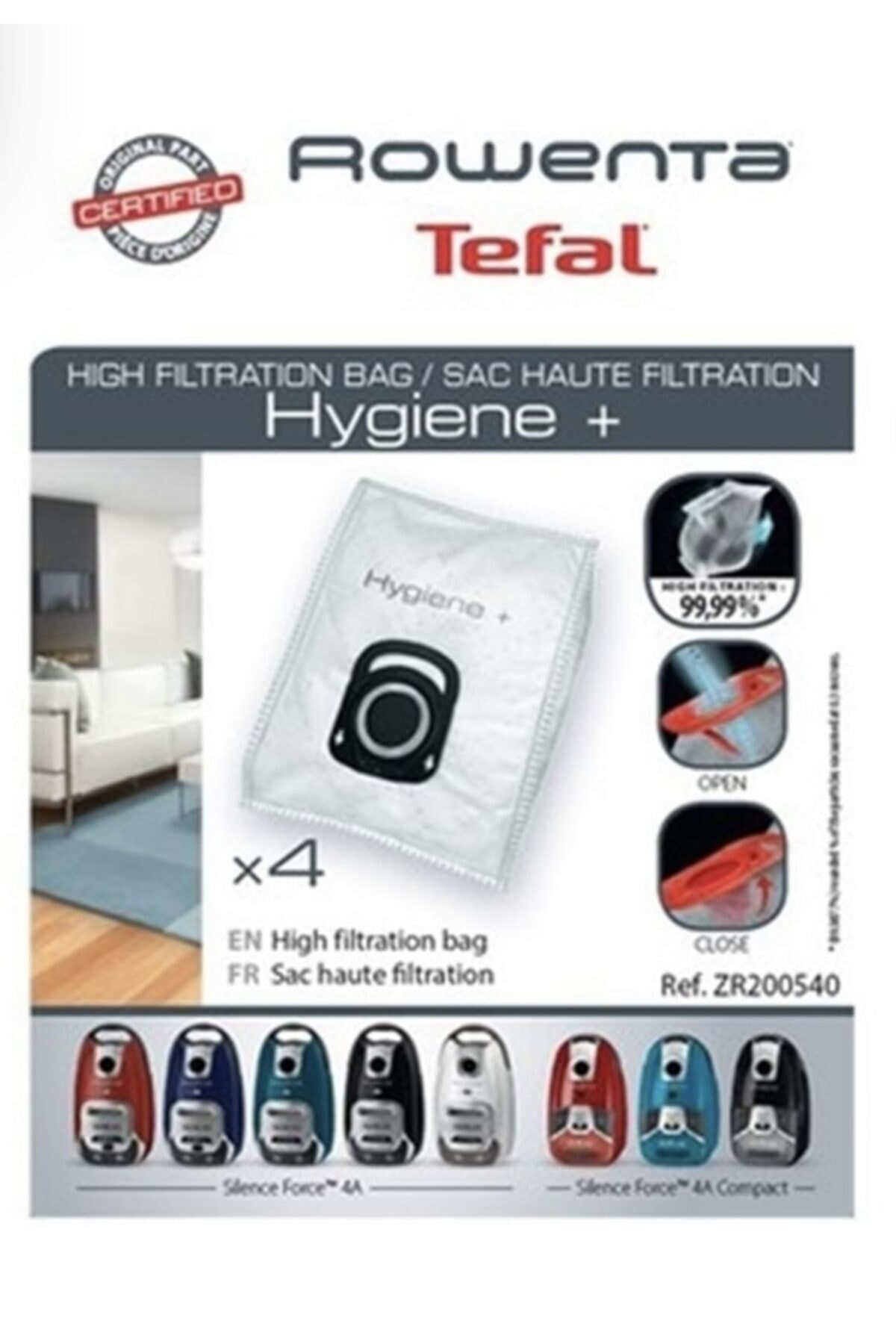 Rowenta Hygiene+ elektrikli süpürge torbaları, 4'lü paket, çeşitli süpürge modelleri.