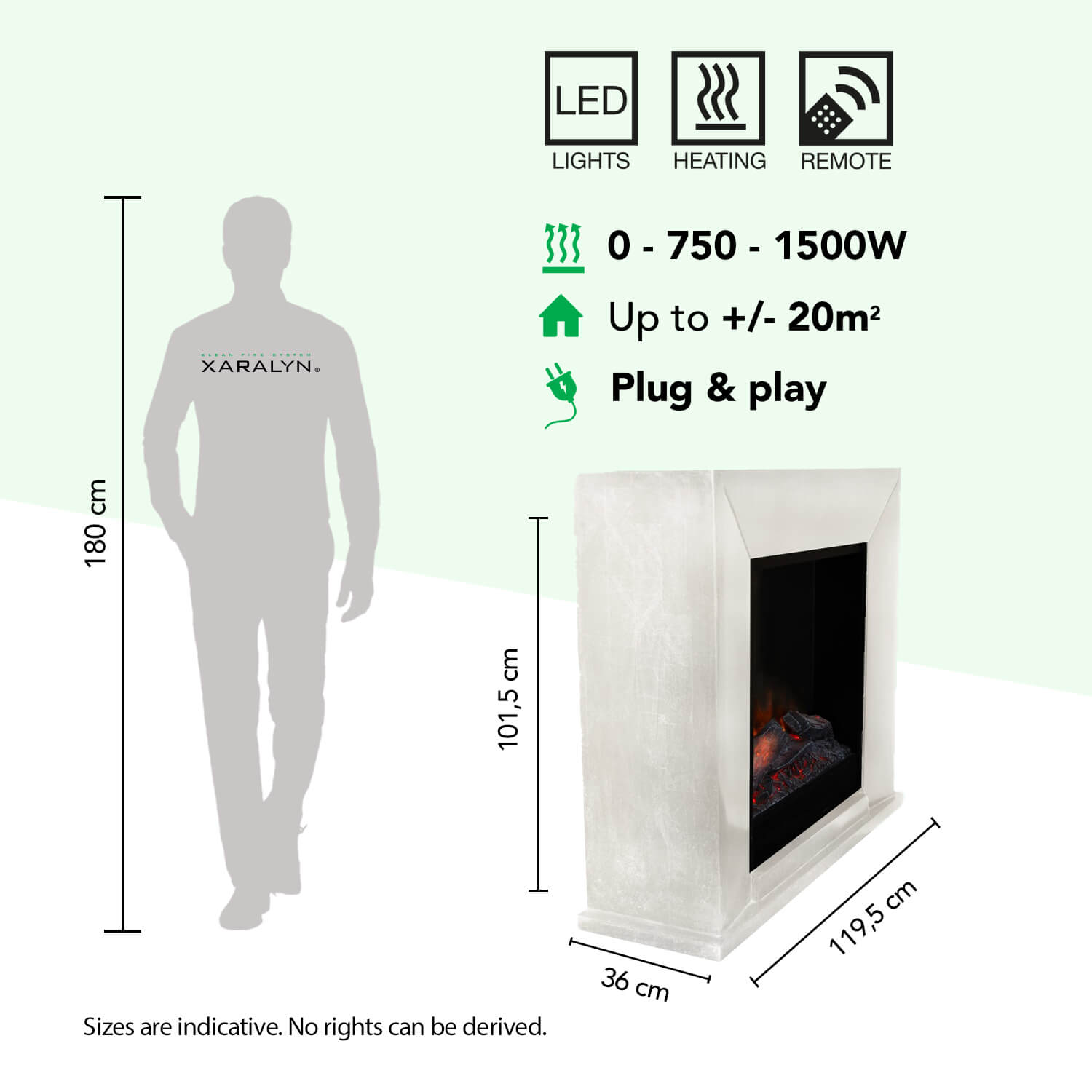 Afmetingen en kenmerken van een Xaralyn haard met LED, verwarming, afstandsbediening, vermogen, oppervlakte en plug & play.