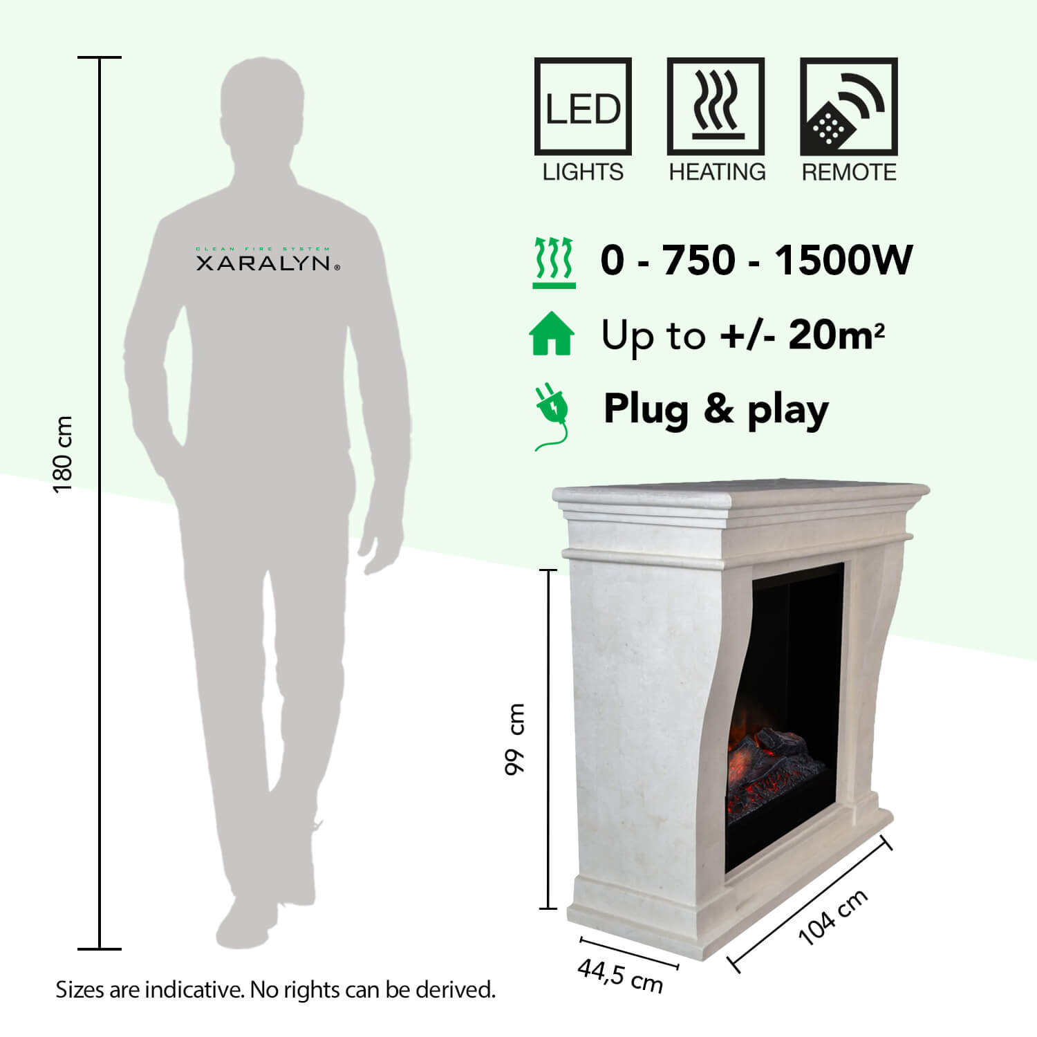 Een witte open haard met LED-verlichting, verwarming en afstandsbediening.