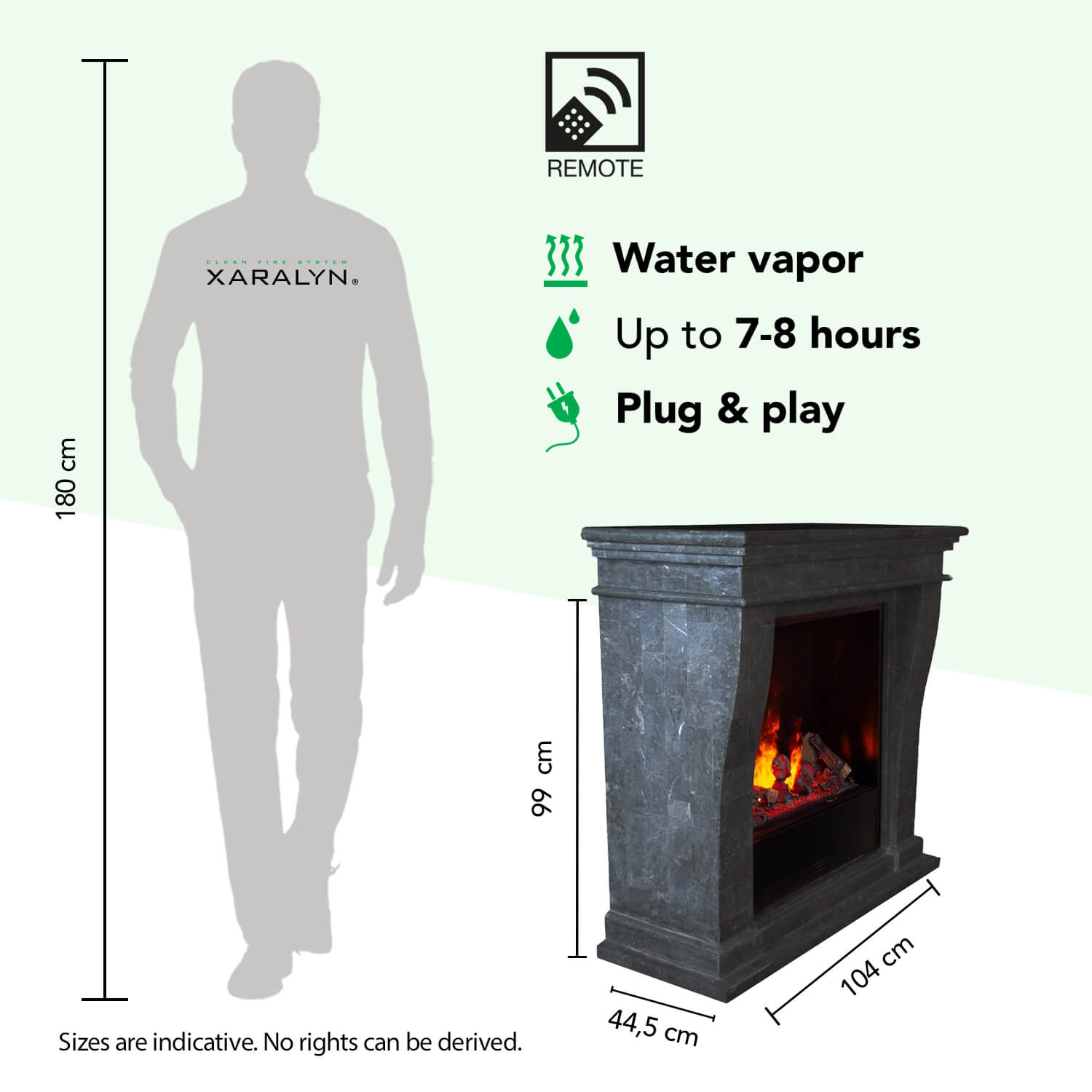 180cm silhouet naast open haard (99x104x44.5cm) met vlammen. Afstandsbediening, waterdamp.