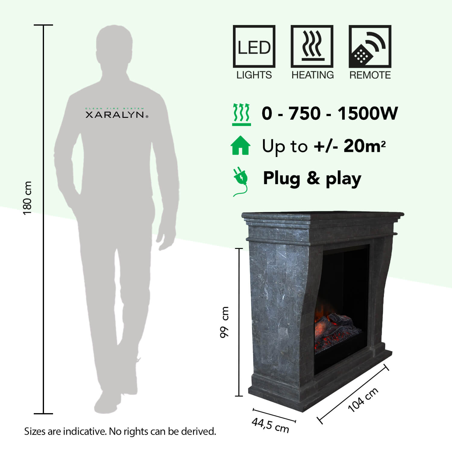 Een man naast een donkere open haard met afmetingen. LED, verwarming, afstandsbediening.