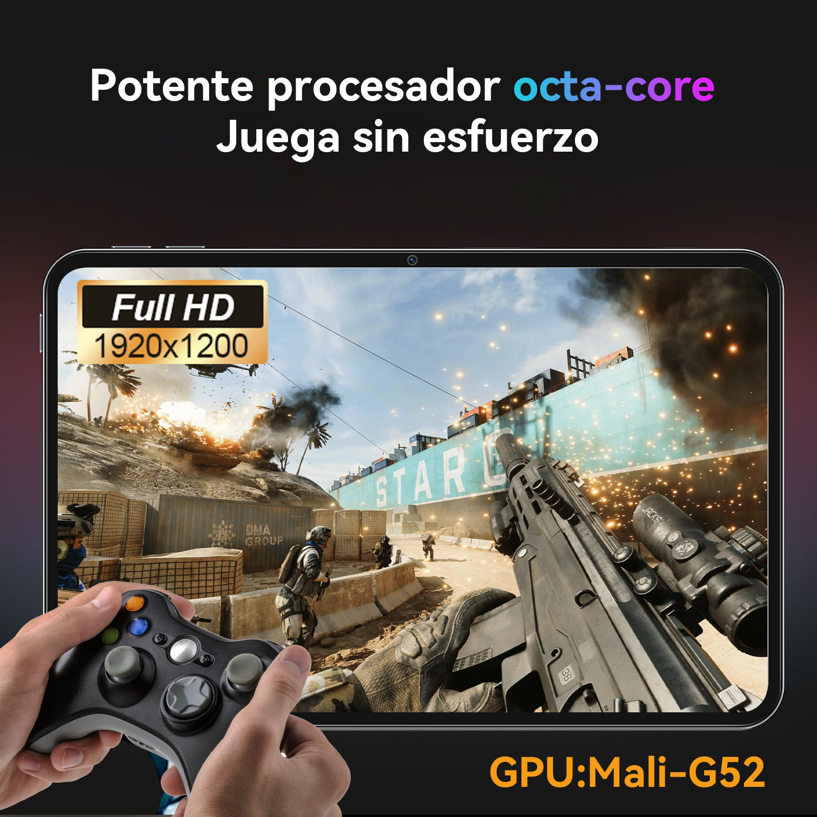 Giocatore con controller gioca sparatutto in prima persona su telefono con display "Full HD 1920x1200".