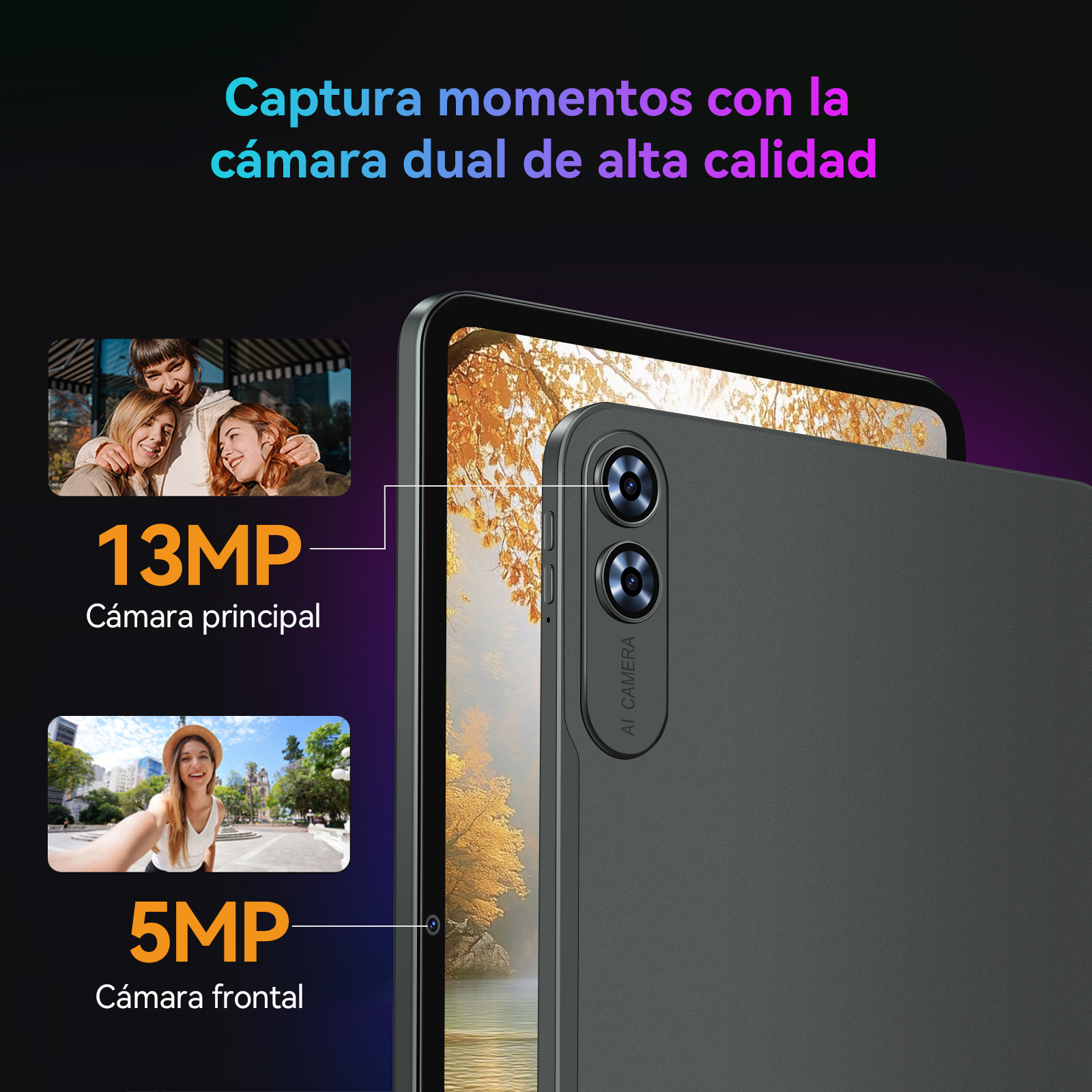 Uno smartphone con doppia fotocamera: 13MP principale, 5MP frontale.