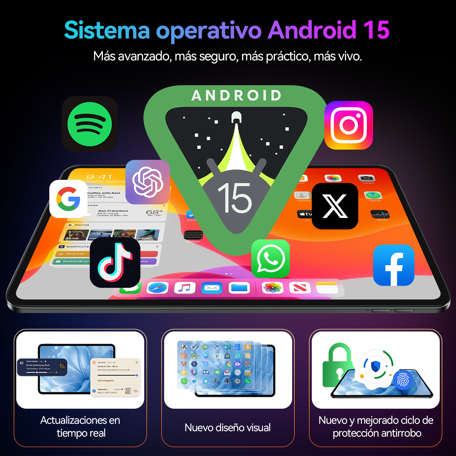 Android 15 su un tablet con icone di app e testo.