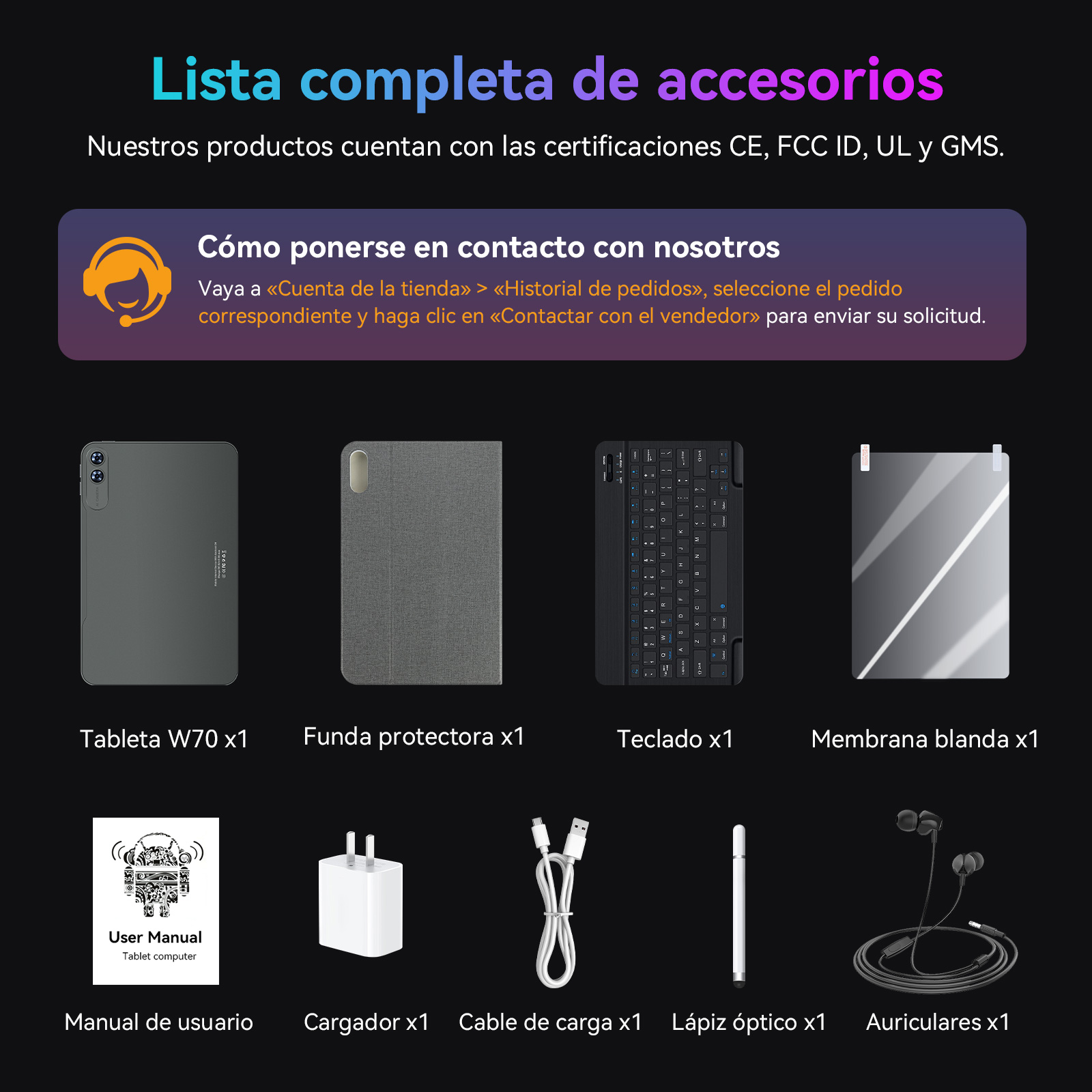 Lista accesorios: Tablet, funda, teclado, protector pantalla, cargador, cable, lápiz, auriculares.