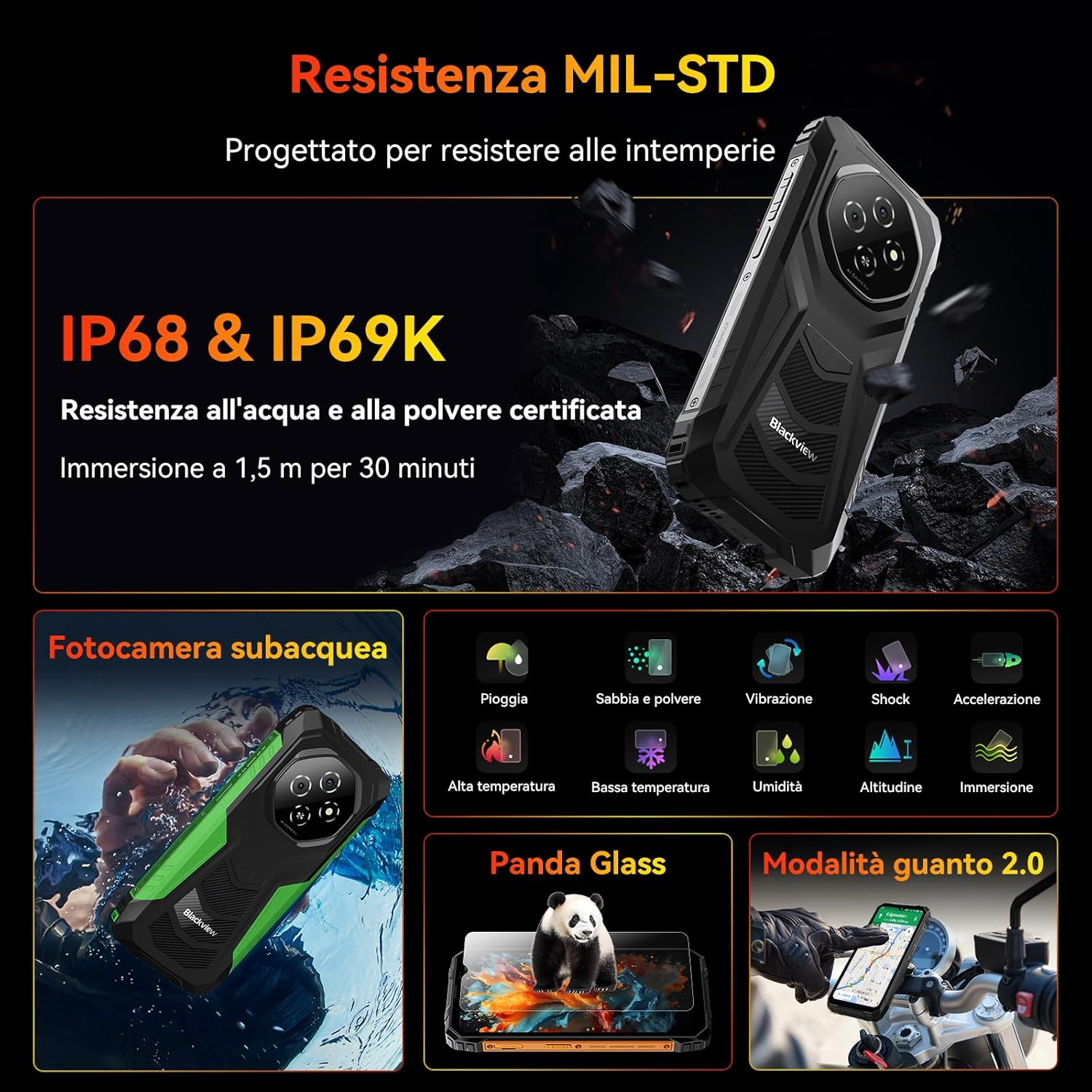 Wytrzymały telefon Blackview z odpornością MIL-STD, IP68 i IP69K, aparatem podwodnym.