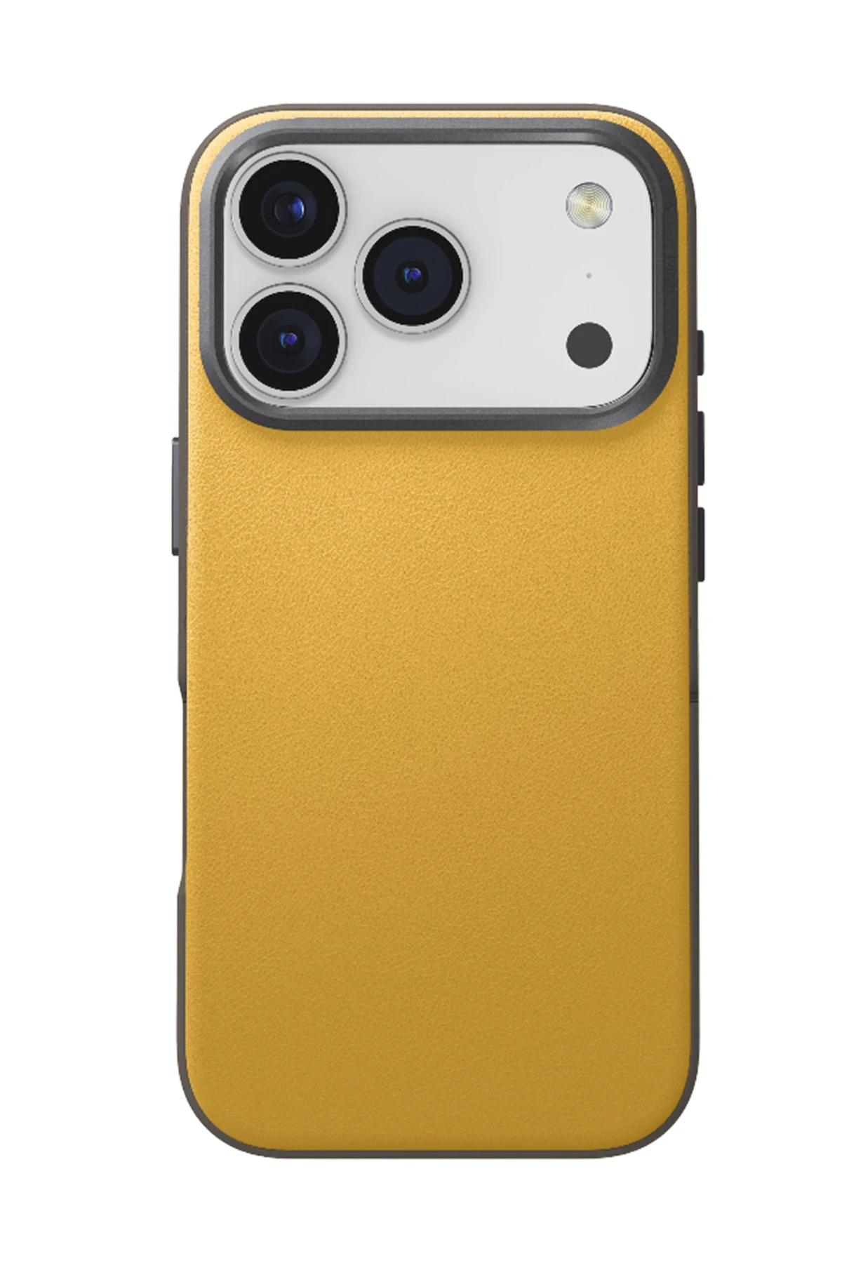 Üç kamera lensi ve flaşlı sarı iPhone kılıfı.