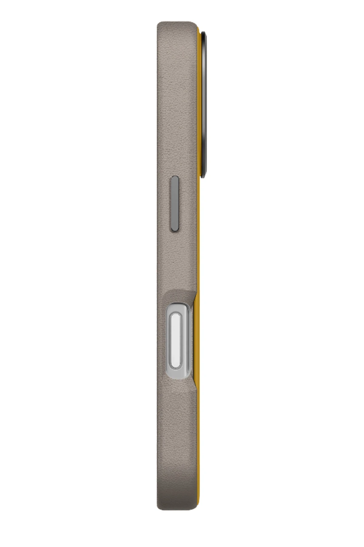 Sarı kenarlı ve gümüş düğmeli gri telefon kılıfı.