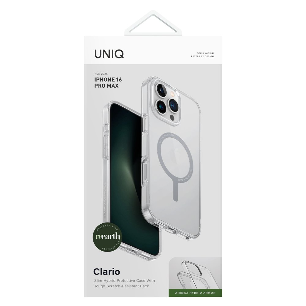 Manyetik halkalı ve UNIQ logolu iPhone 16 Pro Max için şeffaf kılıf.