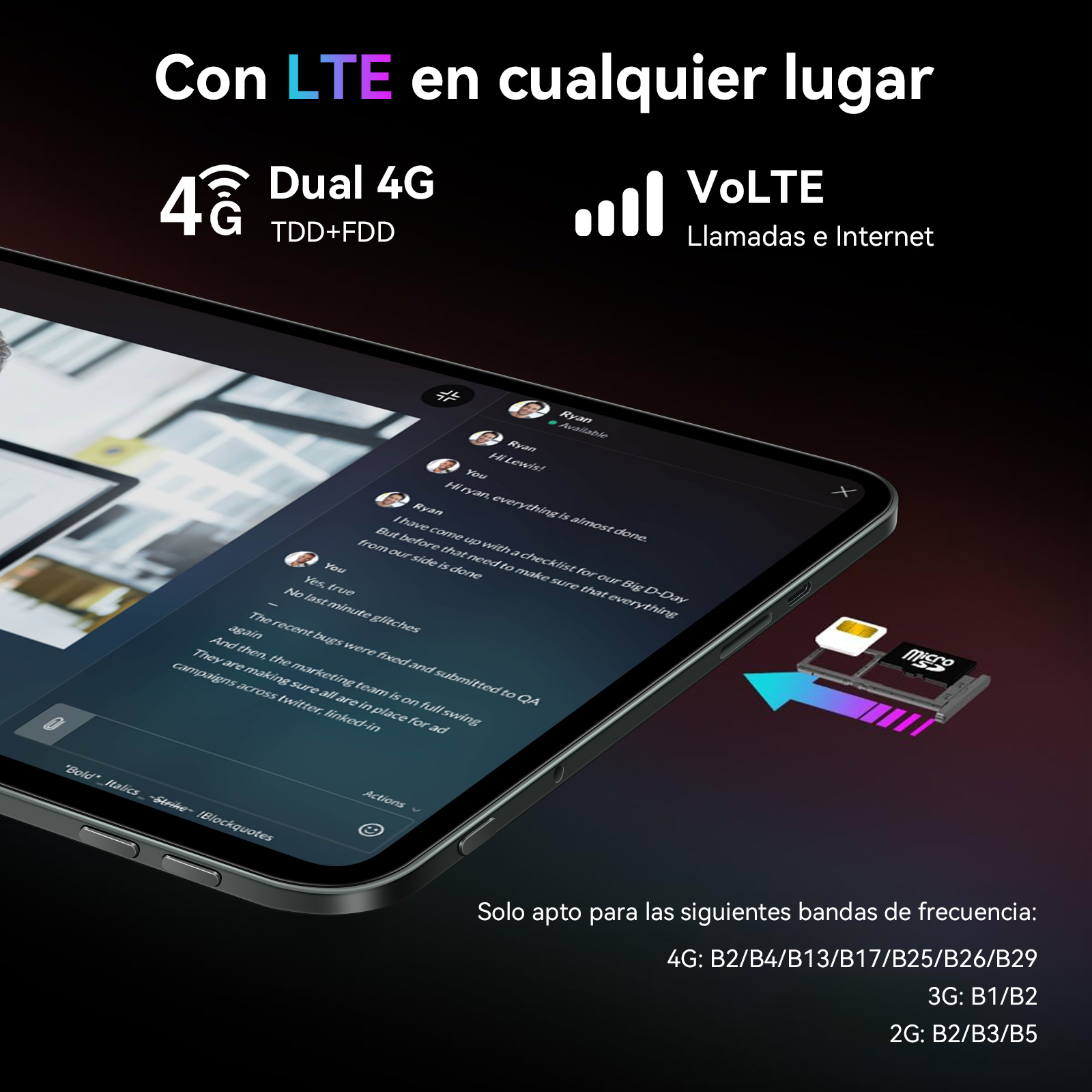 Smartphone mostra chat e slot SIM/scheda SD. Con LTE, Dual 4G e VoLTE.