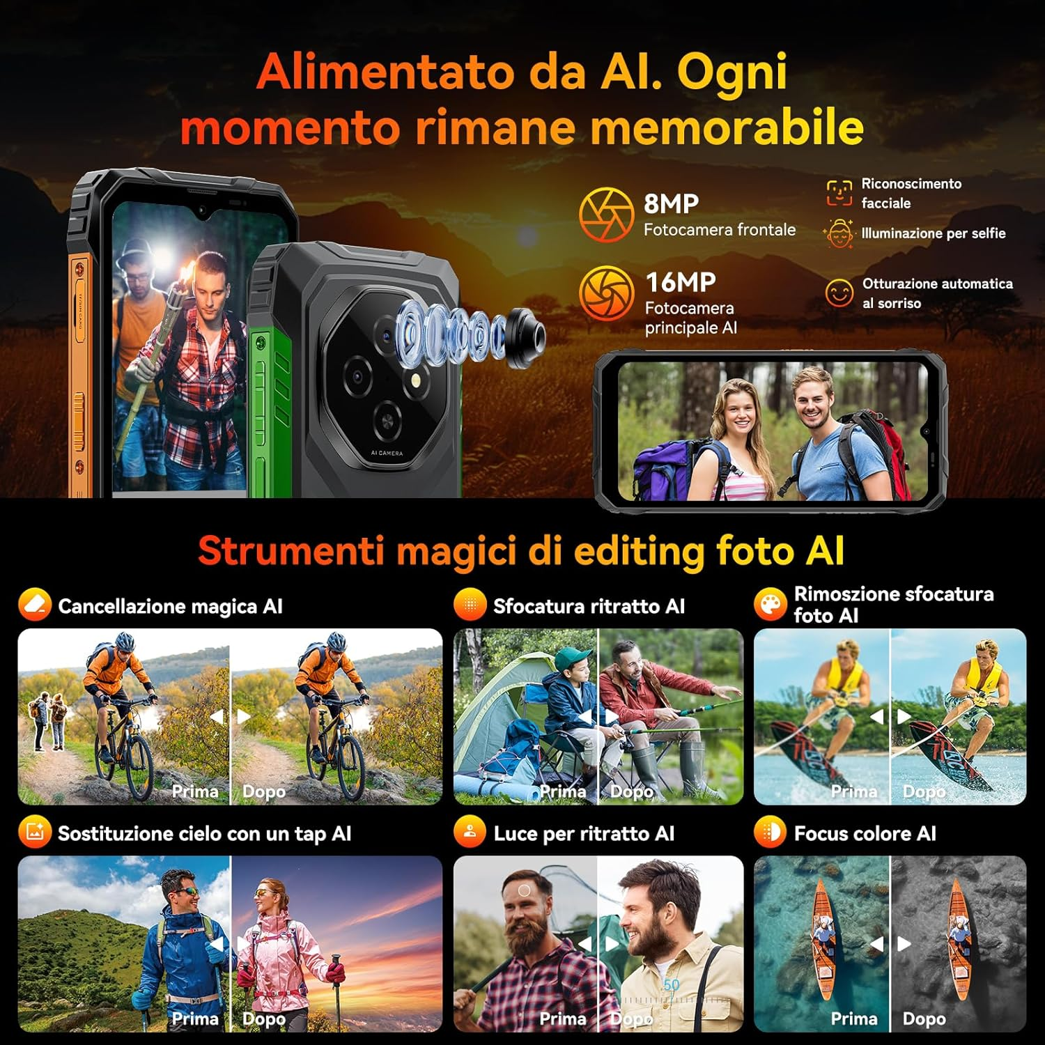 Telefon z funkcjami AI prezentujący zdjęcia rowerzystów, turystów i wędkarzy.