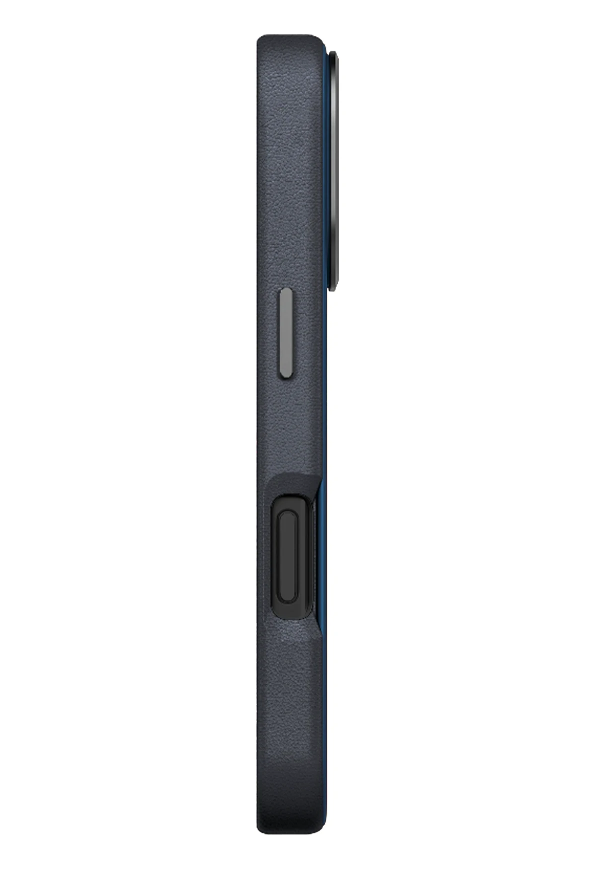 Yan profilden gösterilen düğmeli lacivert telefon kılıfı.