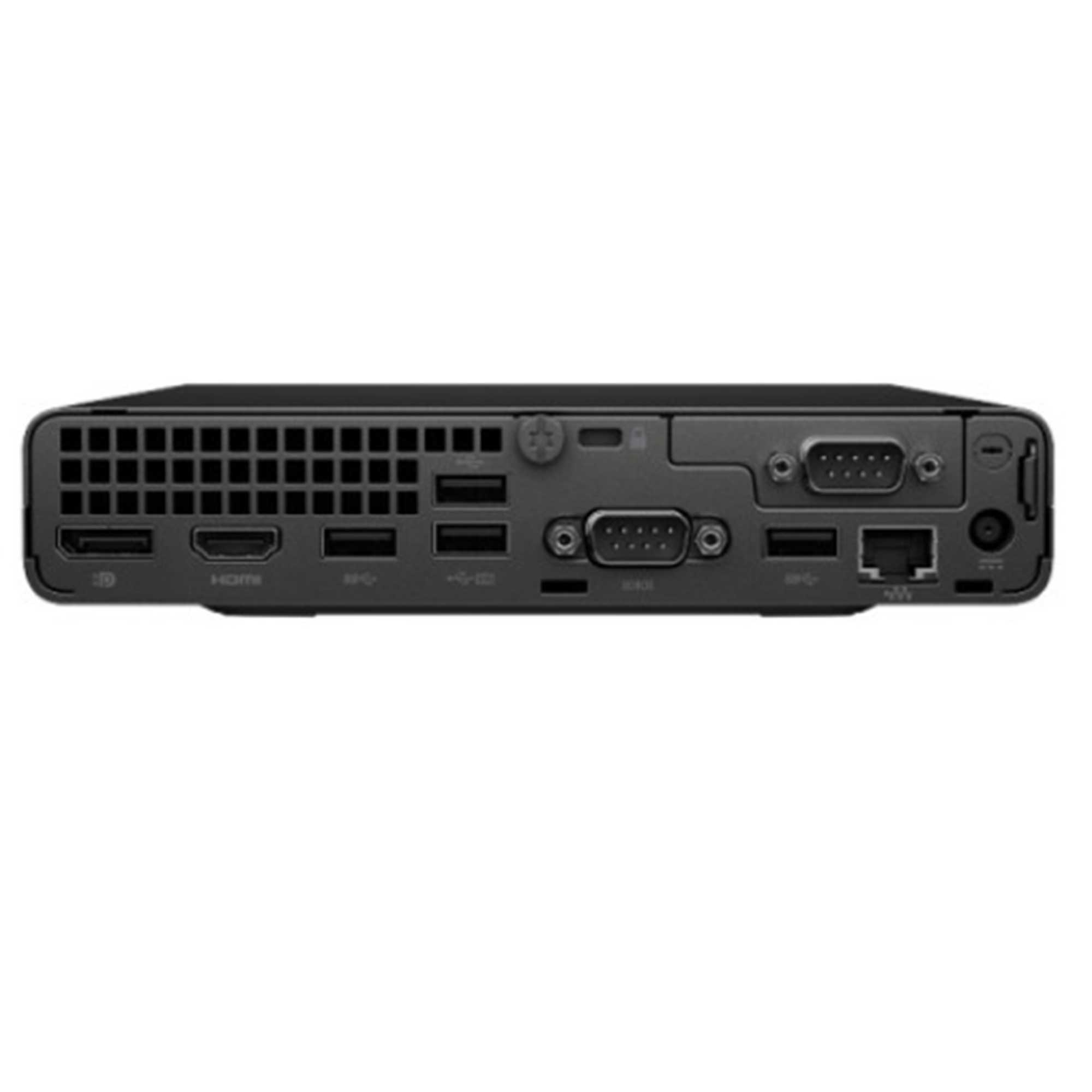 USB, HDMI, VGA ve Ethernet bağlantı noktalarına sahip siyah mini PC'nin arkası.