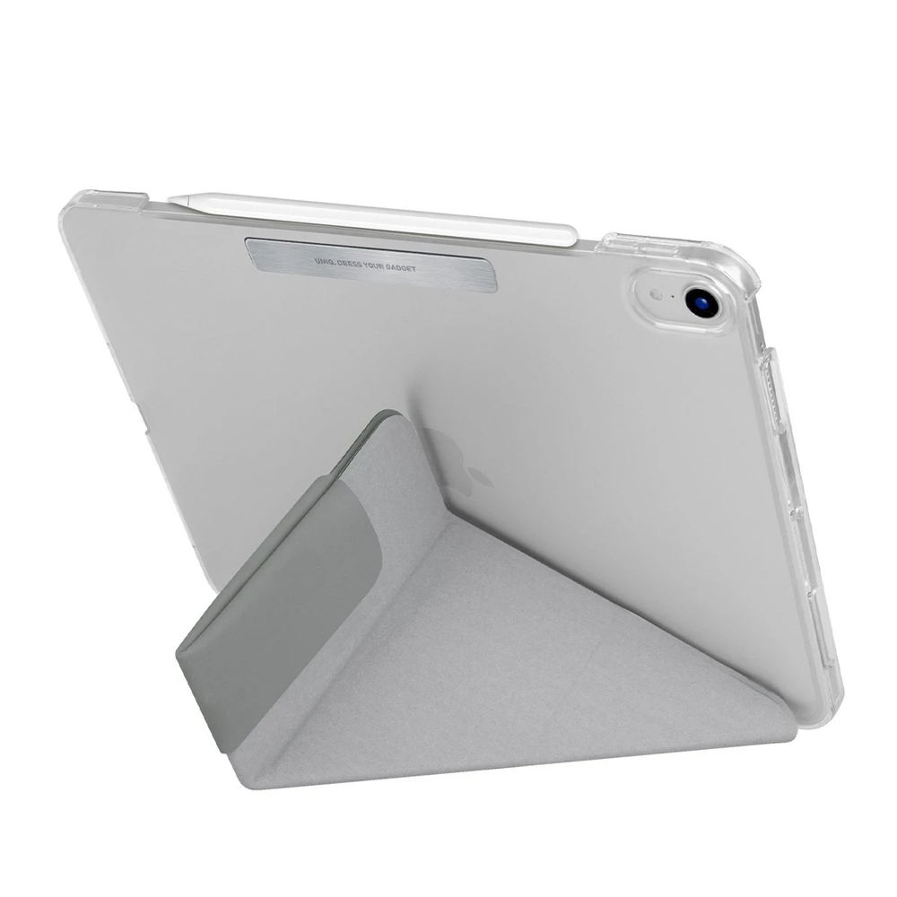 Stand görevi gören gri kılıfta kalemli tablet.