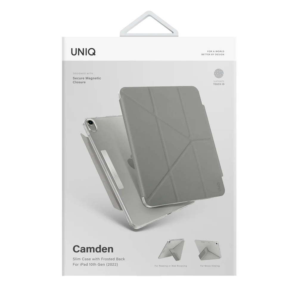 10. Nes iPad için gri UNIQ Camden kılıfı, manyetik kapamalı ve buzlu arka yüzeyli.