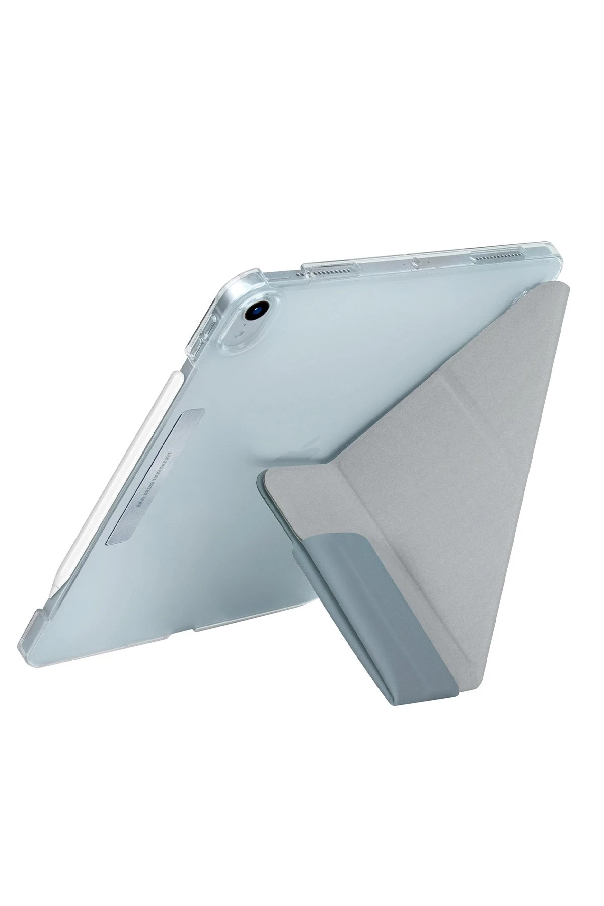 Gri stantlı şeffaf kılıfta bir tablet.