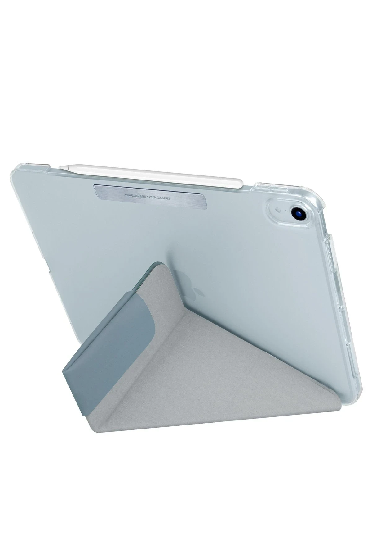 Gri standa dayandırılmış, şeffaf kılıf içinde kalemli açık mavi tablet.