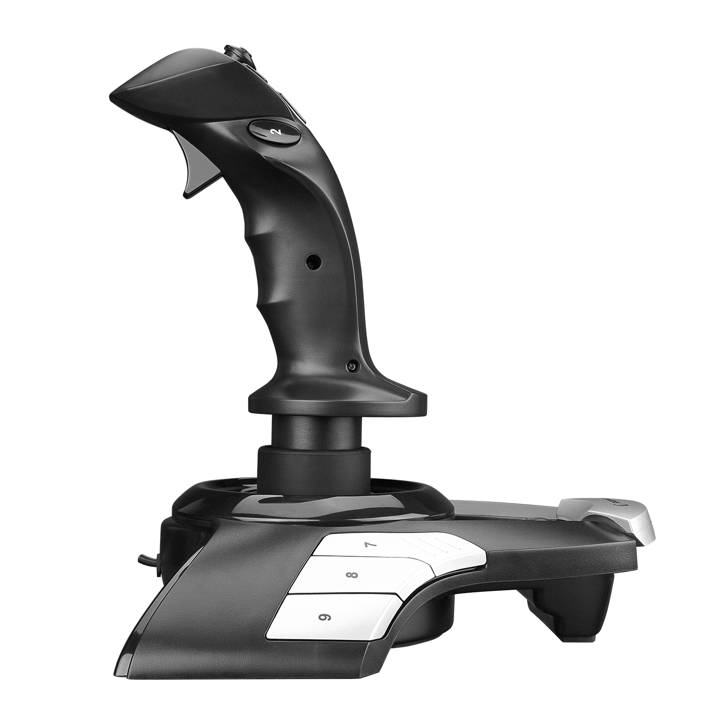 Beyaz arka plan üzerinde düğmeler ve gaz kolu bulunan siyah joystick.