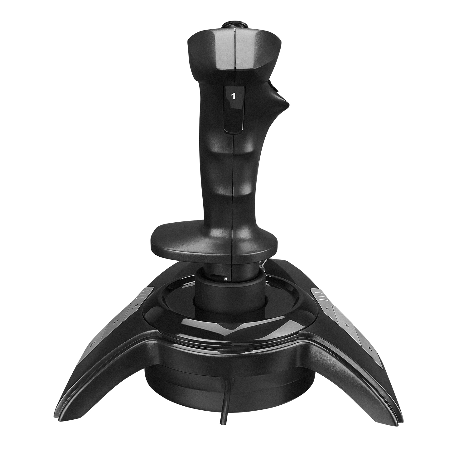 Siyah bir joystick, tabanı ve sapı var.